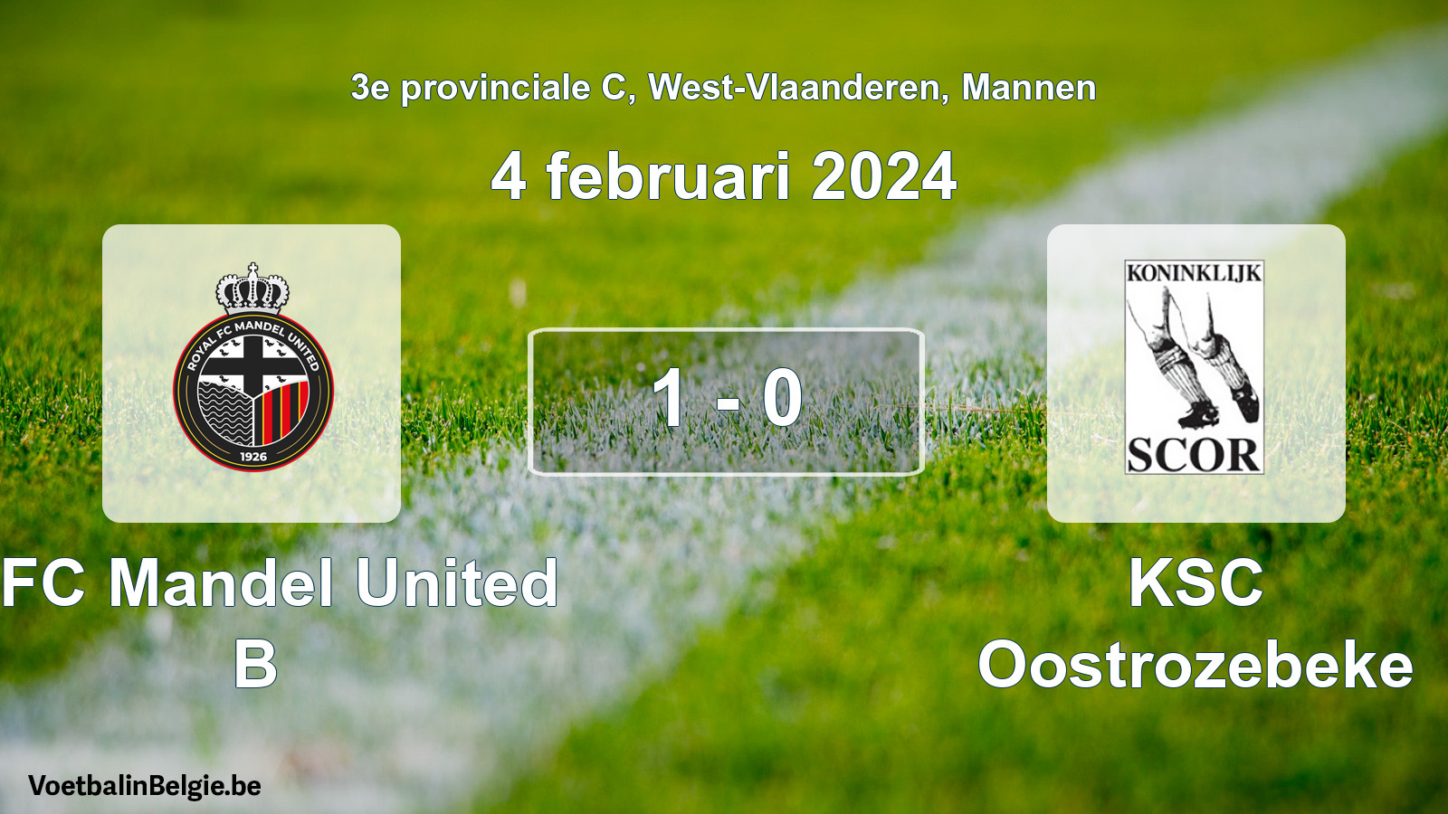 Gespeelde wedstrijd mannenvoetbal: RFC Mandel United B - KSC Oostrozebeke 1 - 0 (4 februari 2024)