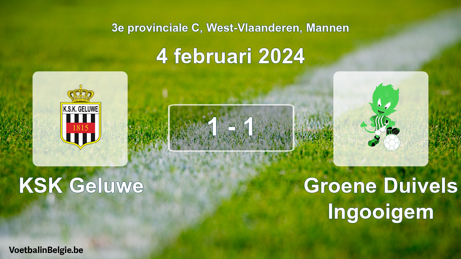Gespeelde wedstrijd mannenvoetbal: KSK Geluwe - Groene Duivels Ingooigem 1 - 1 (4 februari 2024)