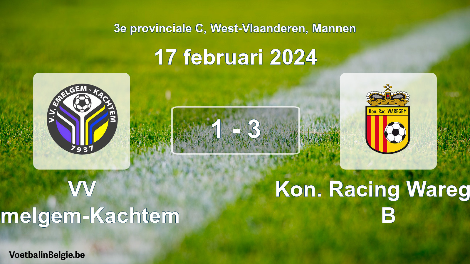 Gespeelde wedstrijd mannenvoetbal: VV Emelgem-Kachtem - Kon. Racing Waregem B 1 - 3 (17 februari 2024)