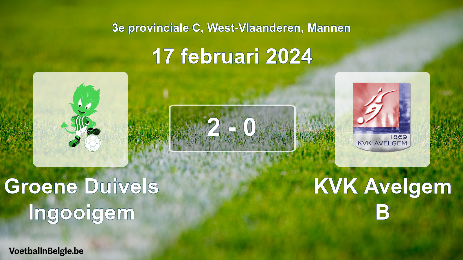 Gespeelde wedstrijd mannenvoetbal: Groene Duivels Ingooigem - KVK Avelgem B 2 - 0 (17 februari 2024)