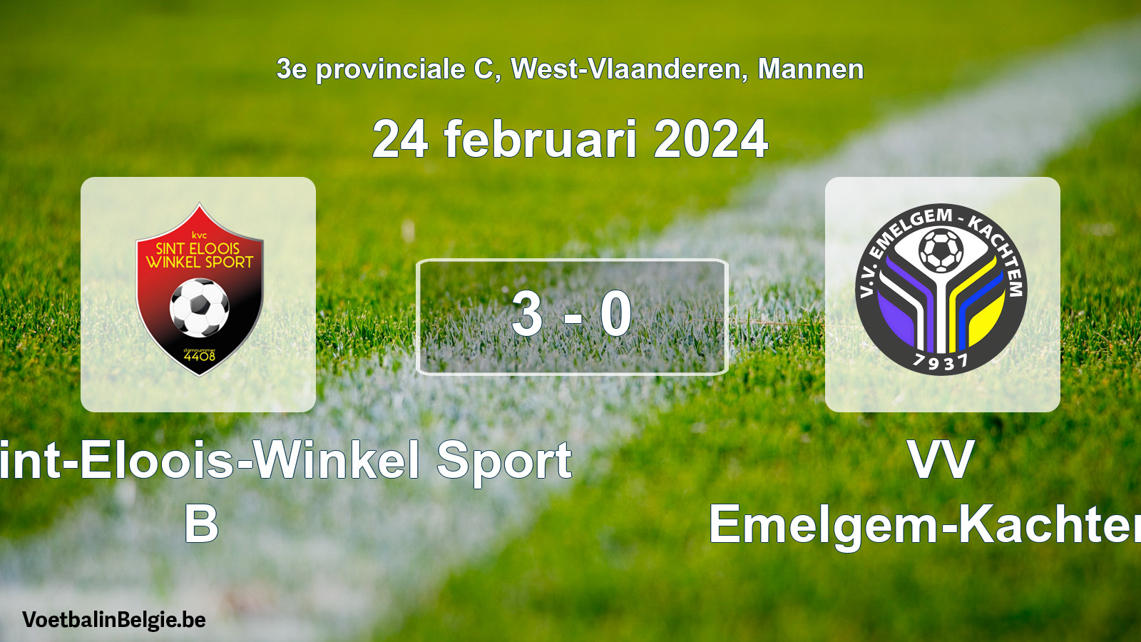 Gespeelde wedstrijd mannenvoetbal: Kon. Sint-Eloois-Winkel Sport B - VV Emelgem-Kachtem 3 - 0 (24 februari 2024)