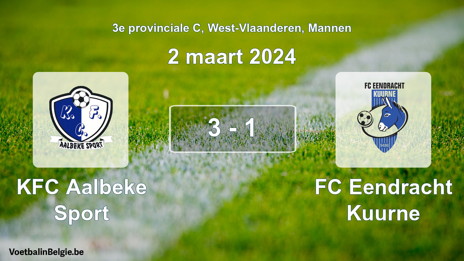 Gespeelde wedstrijd mannenvoetbal: KFC Aalbeke Sport - FC Eendracht Kuurne 3 - 1 (2 maart 2024)