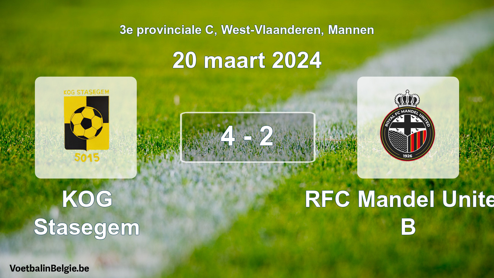 Gespeelde wedstrijd mannenvoetbal: KOG Stasegem - RFC Mandel United B 4 - 2 (20 maart 2024)