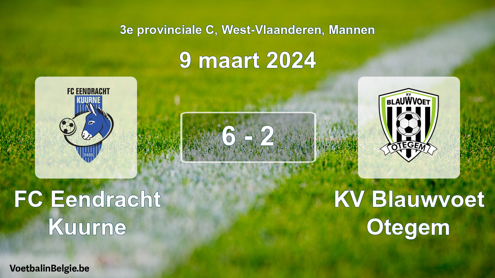 Gespeelde wedstrijd mannenvoetbal: FC Eendracht Kuurne - KV Blauwvoet Otegem 6 - 2 (9 maart 2024)