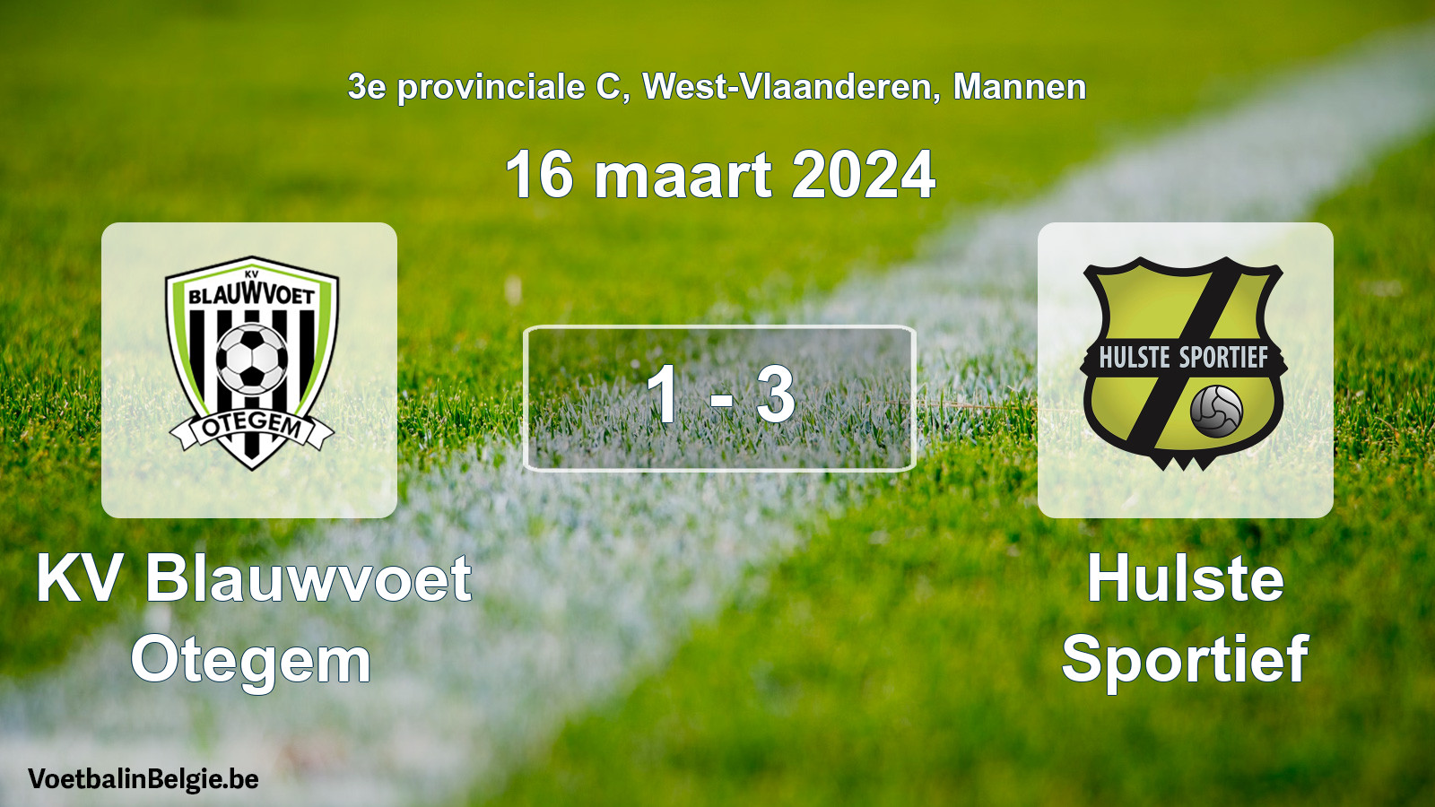 Gespeelde wedstrijd mannenvoetbal: KV Blauwvoet Otegem - Hulste Sportief 1 - 3 (16 maart 2024)