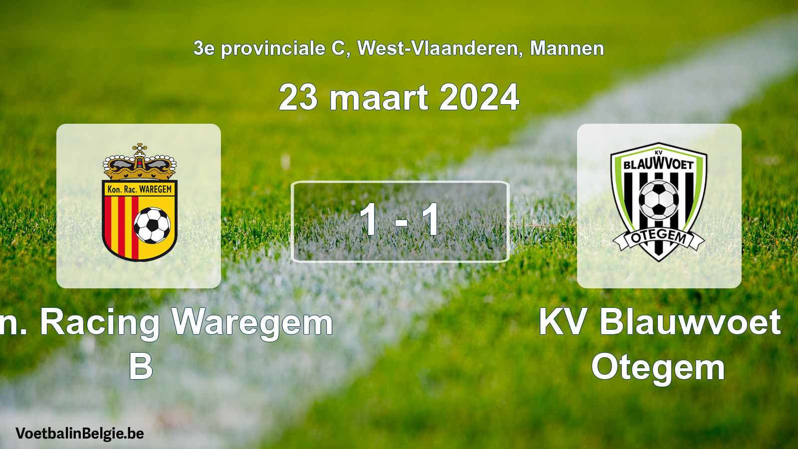Gespeelde wedstrijd mannenvoetbal: Kon. Racing Waregem B - KV Blauwvoet Otegem 1 - 1 (23 maart 2024)