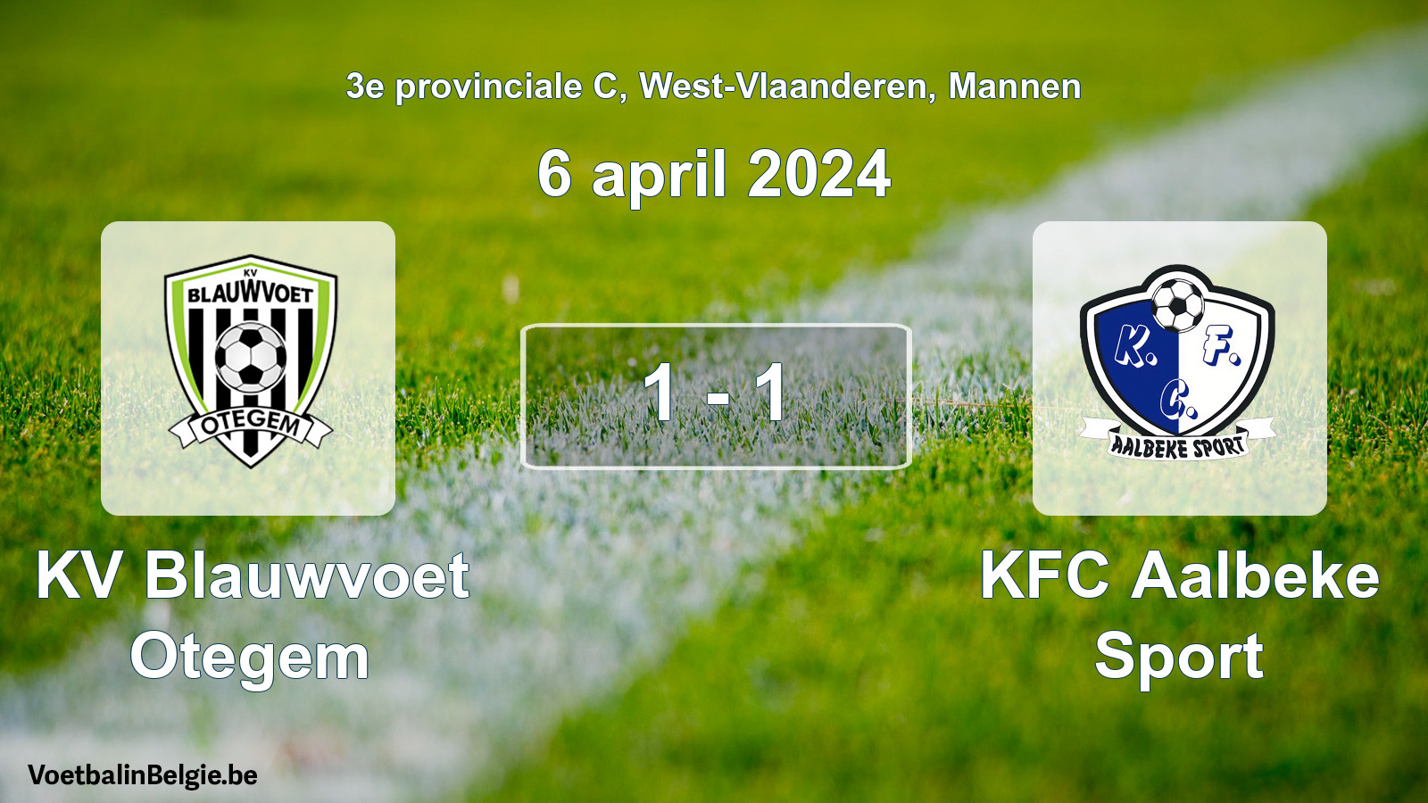 Gespeelde wedstrijd mannenvoetbal: KV Blauwvoet Otegem - KFC Aalbeke Sport 1 - 1 (6 april 2024)