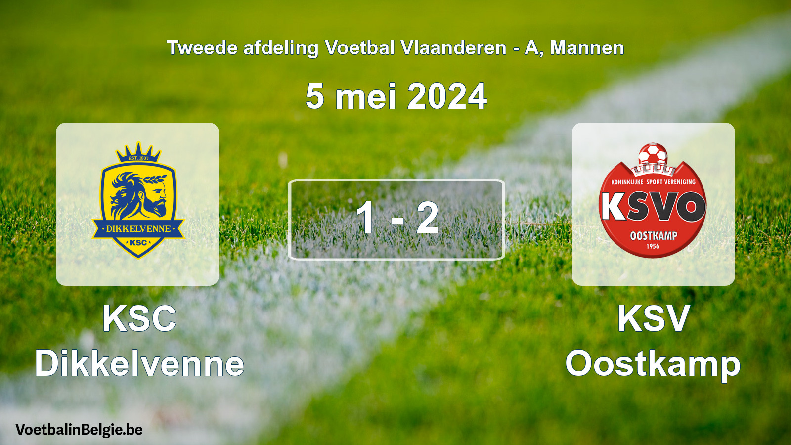 Gespeelde wedstrijd mannenvoetbal: KSC Dikkelvenne - KSV Oostkamp 1 - 2 (5 mei 2024)