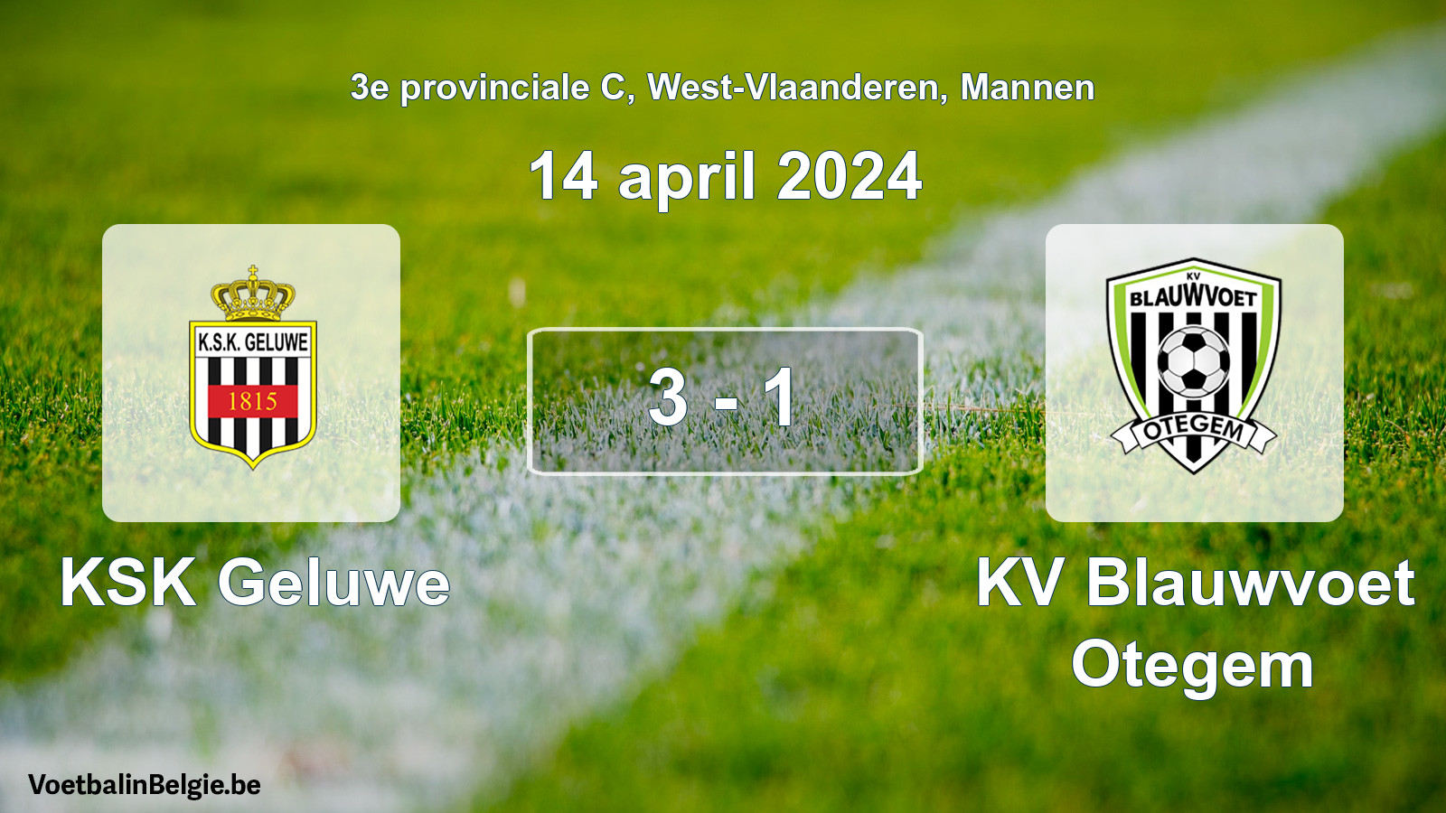 Gespeelde wedstrijd mannenvoetbal: KSK Geluwe - KV Blauwvoet Otegem 3 - 1 (14 april 2024)