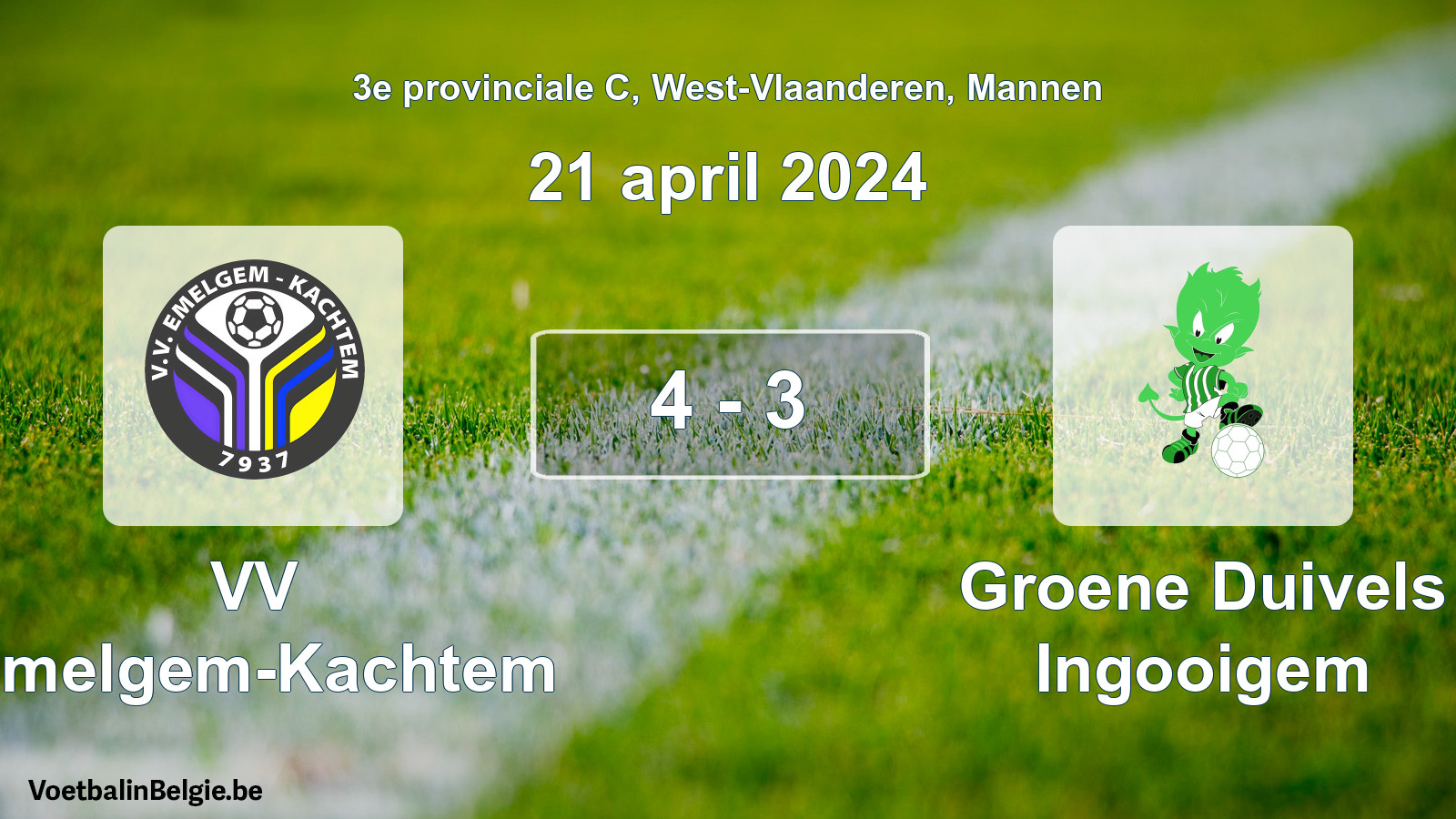 Gespeelde wedstrijd mannenvoetbal: VV Emelgem-Kachtem - Groene Duivels Ingooigem 4 - 3 (21 april 2024)