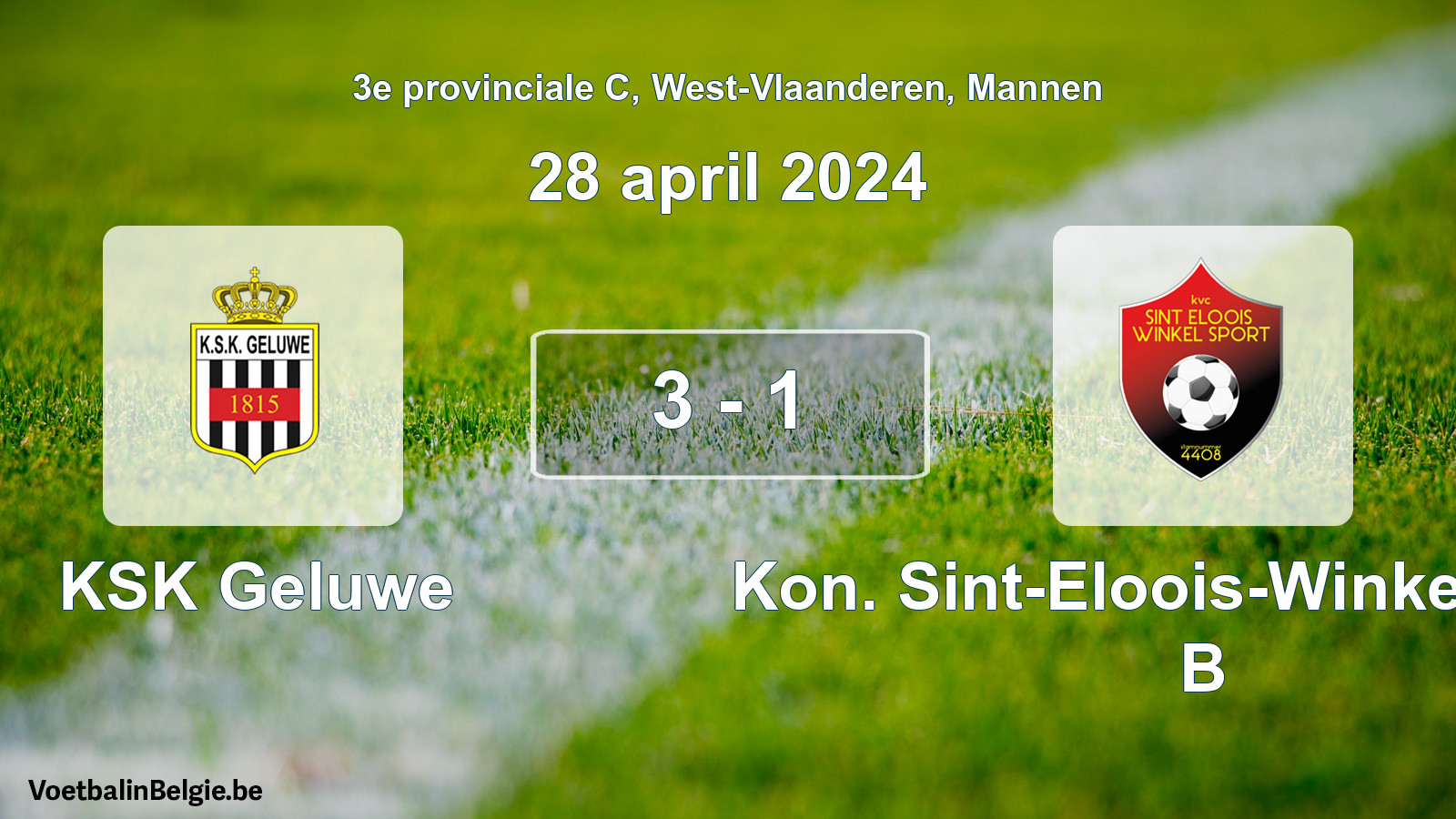 Gespeelde wedstrijd mannenvoetbal: KSK Geluwe - Kon. Sint-Eloois-Winkel Sport B 3 - 1 (28 april 2024)