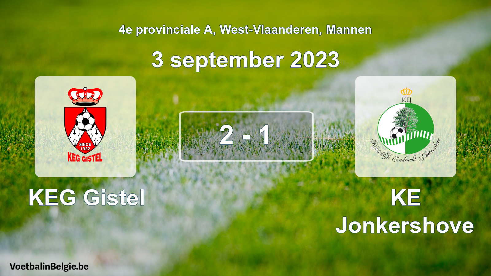 Gespeelde wedstrijd mannenvoetbal: KEG Gistel - KE Jonkershove 2 - 1 (3 september 2023)