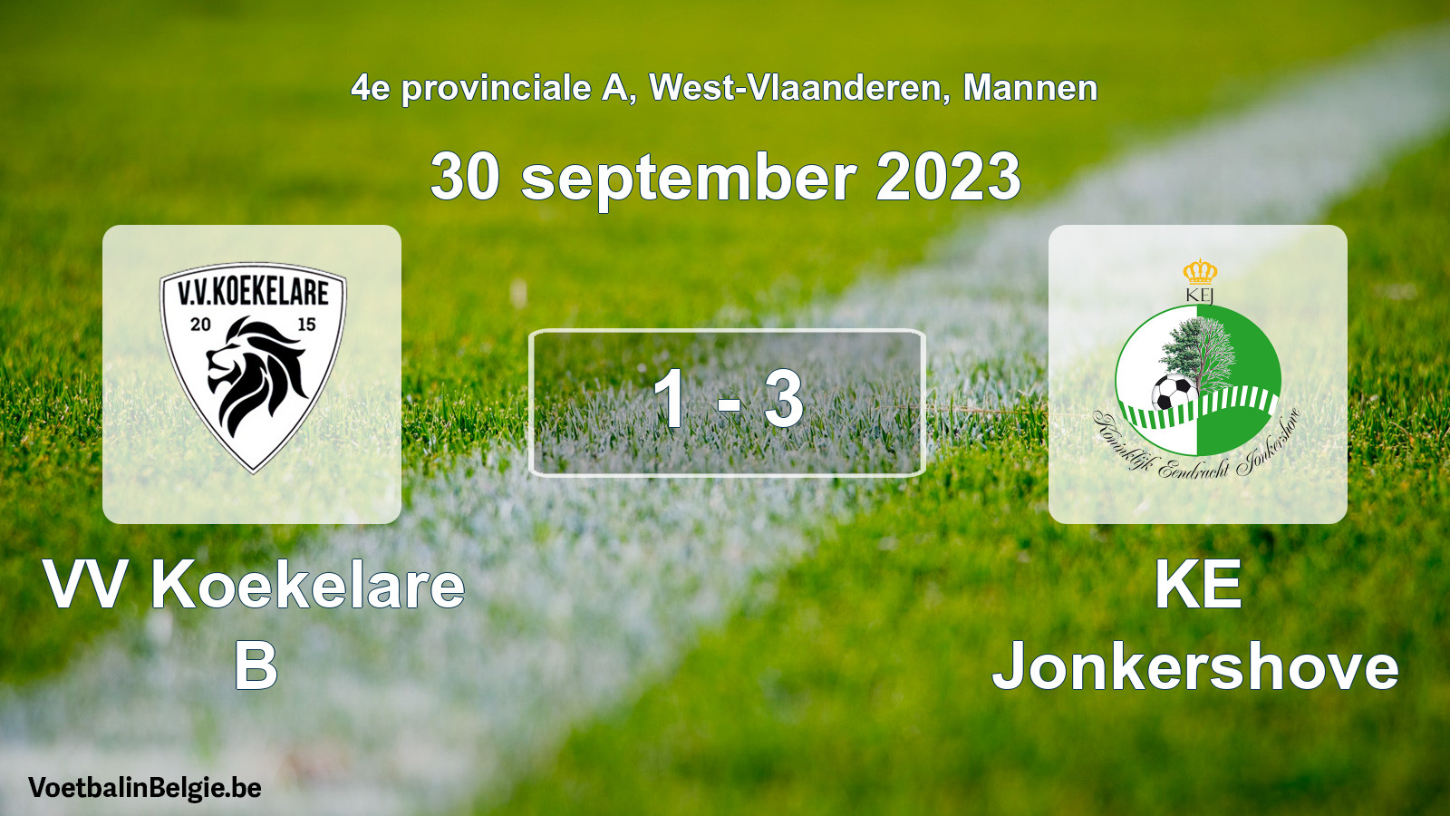 Gespeelde wedstrijd mannenvoetbal: VV Koekelare B - KE Jonkershove 1 - 3 (30 september 2023)