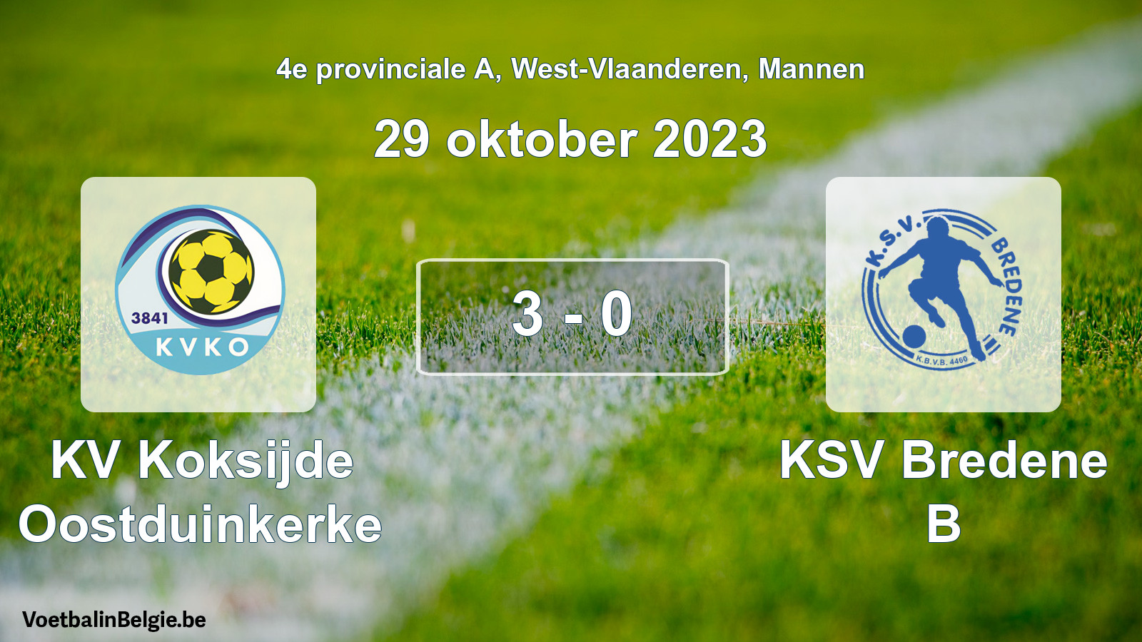 Gespeelde wedstrijd mannenvoetbal: KV Koksijde Oostduinkerke - KSV Bredene B 3 - 0 (29 oktober 2023)