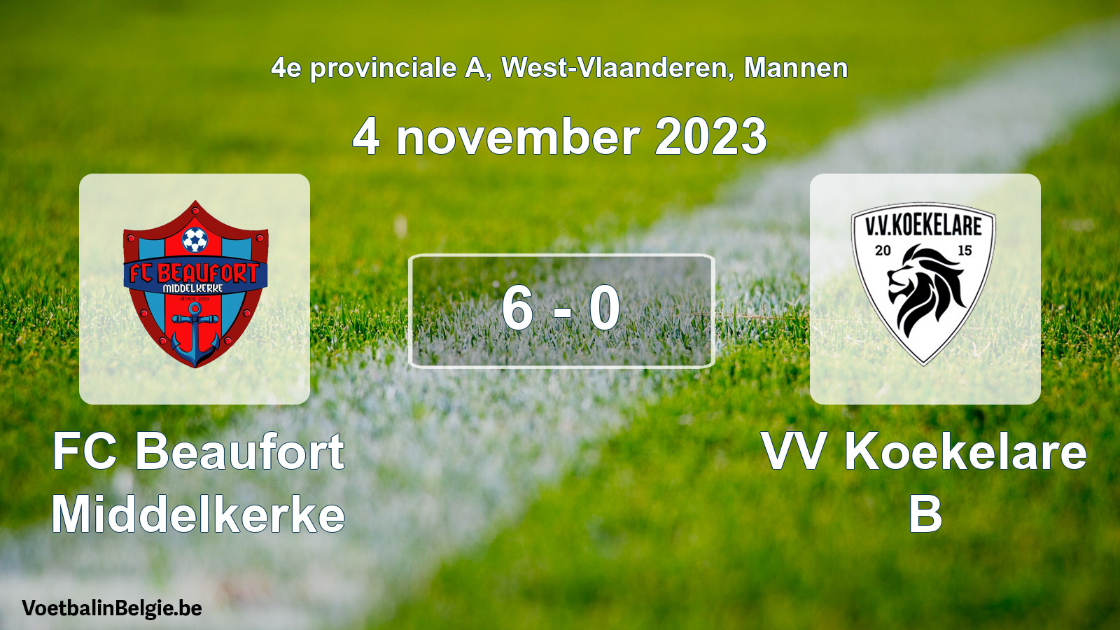 Gespeelde wedstrijd mannenvoetbal: FC Beaufort Middelkerke - VV Koekelare B 6 - 0 (4 november 2023)