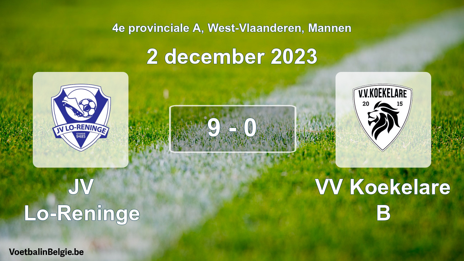 Gespeelde wedstrijd mannenvoetbal: JV Lo-Reninge - VV Koekelare B 9 - 0 (2 december 2023)