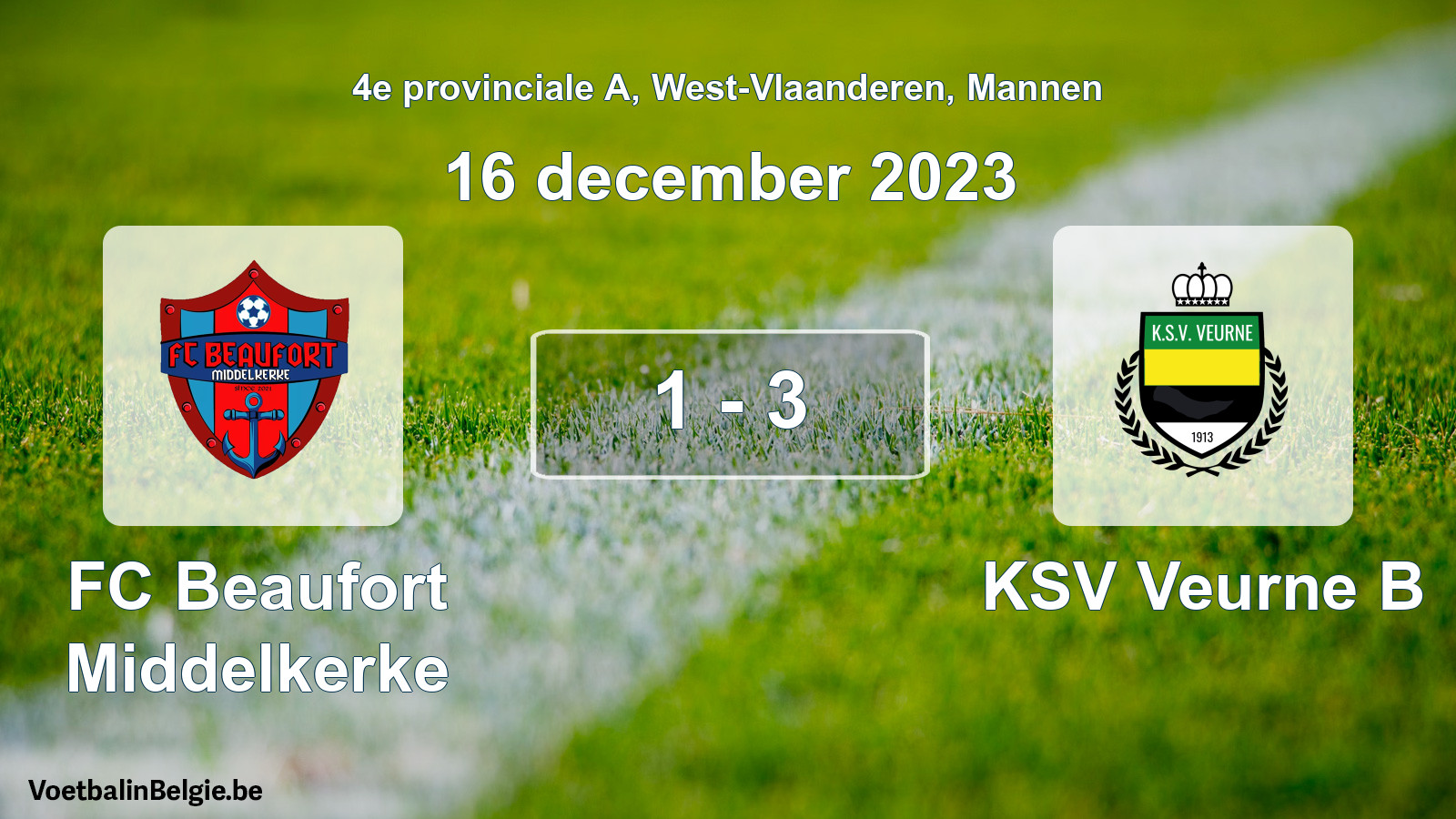 Gespeelde wedstrijd mannenvoetbal: FC Beaufort Middelkerke - KSV Veurne B 1 - 3 (16 december 2023)