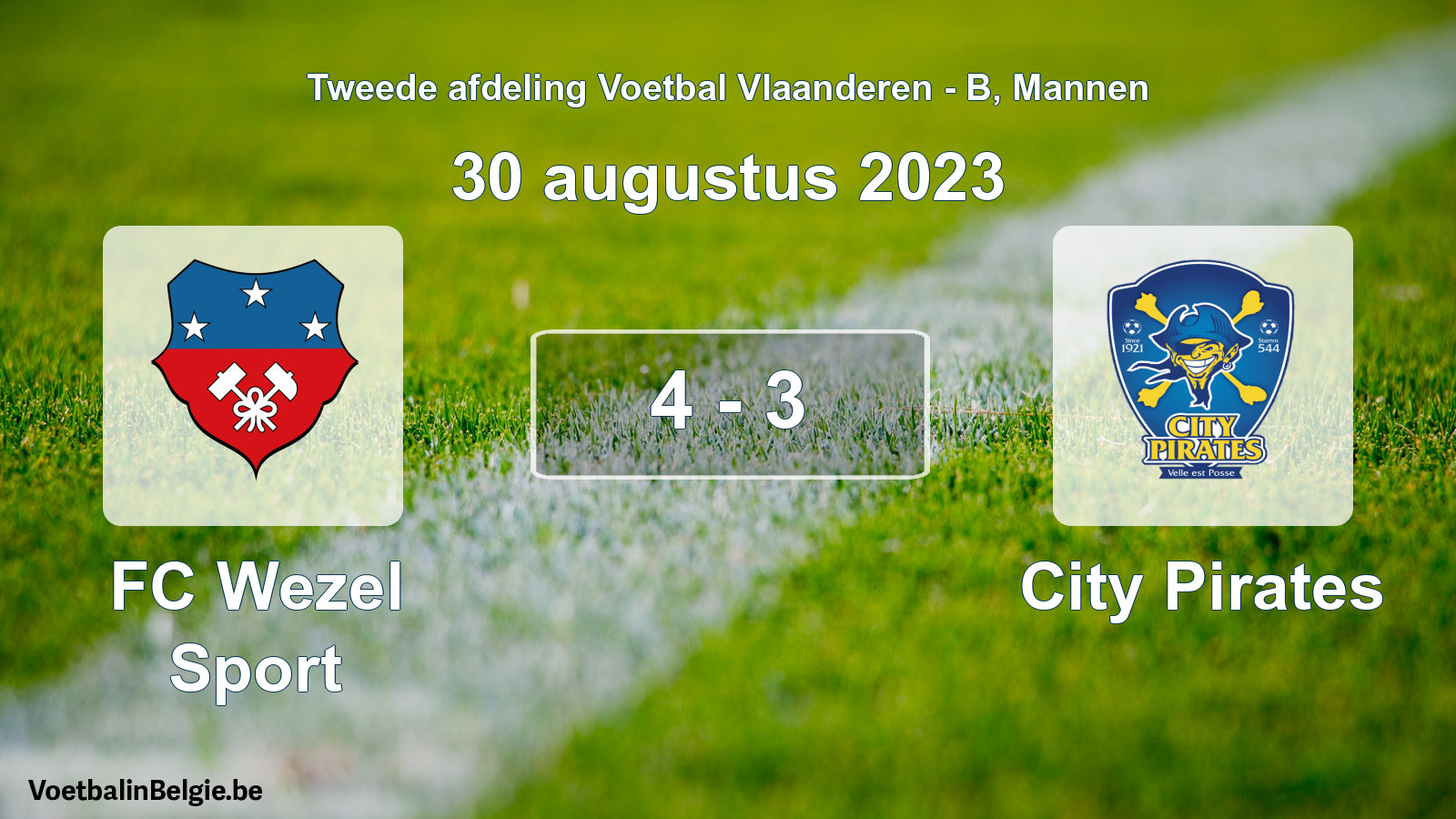Gespeelde wedstrijd mannenvoetbal: FC Wezel Sport - City Pirates 4 - 3 (30 augustus 2023)
