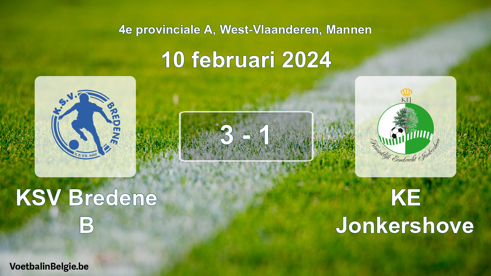 Gespeelde wedstrijd mannenvoetbal: KSV Bredene B - KE Jonkershove 3 - 1 (10 februari 2024)