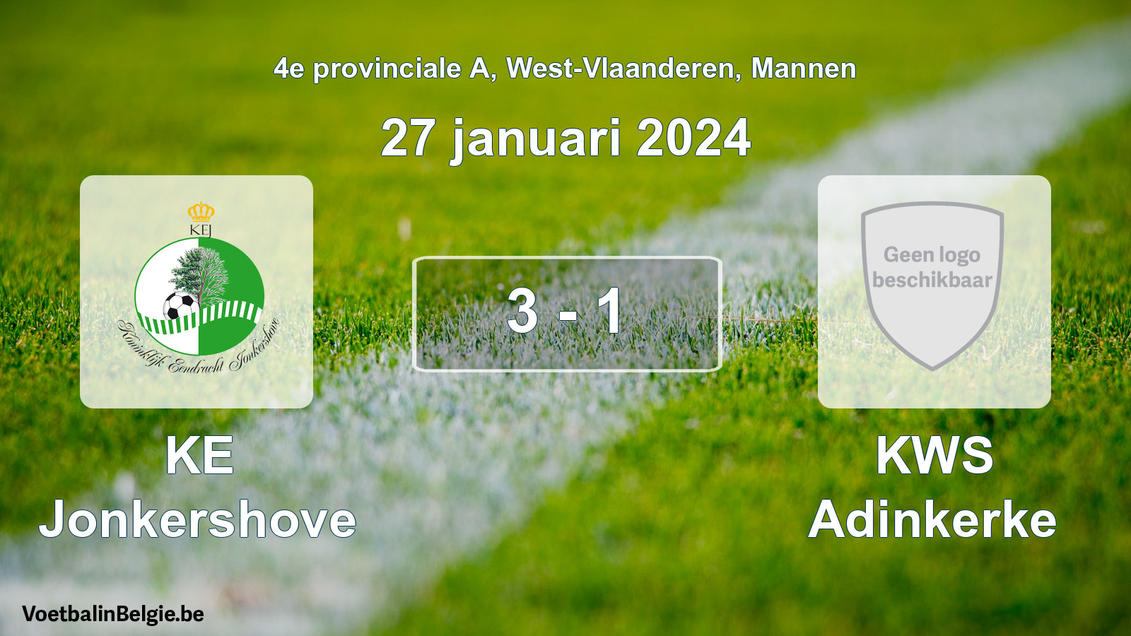 Gespeelde wedstrijd mannenvoetbal: KE Jonkershove - KWS Adinkerke 3 - 1 (27 januari 2024)