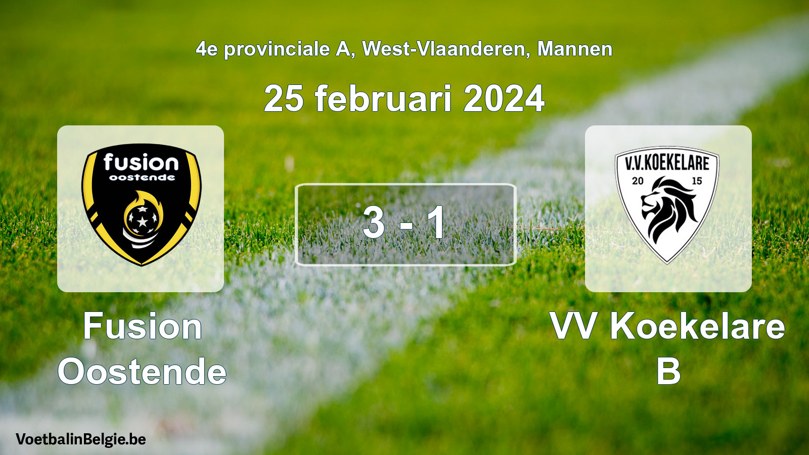 Gespeelde wedstrijd mannenvoetbal: Fusion Oostende - VV Koekelare B 3 - 1 (25 februari 2024)