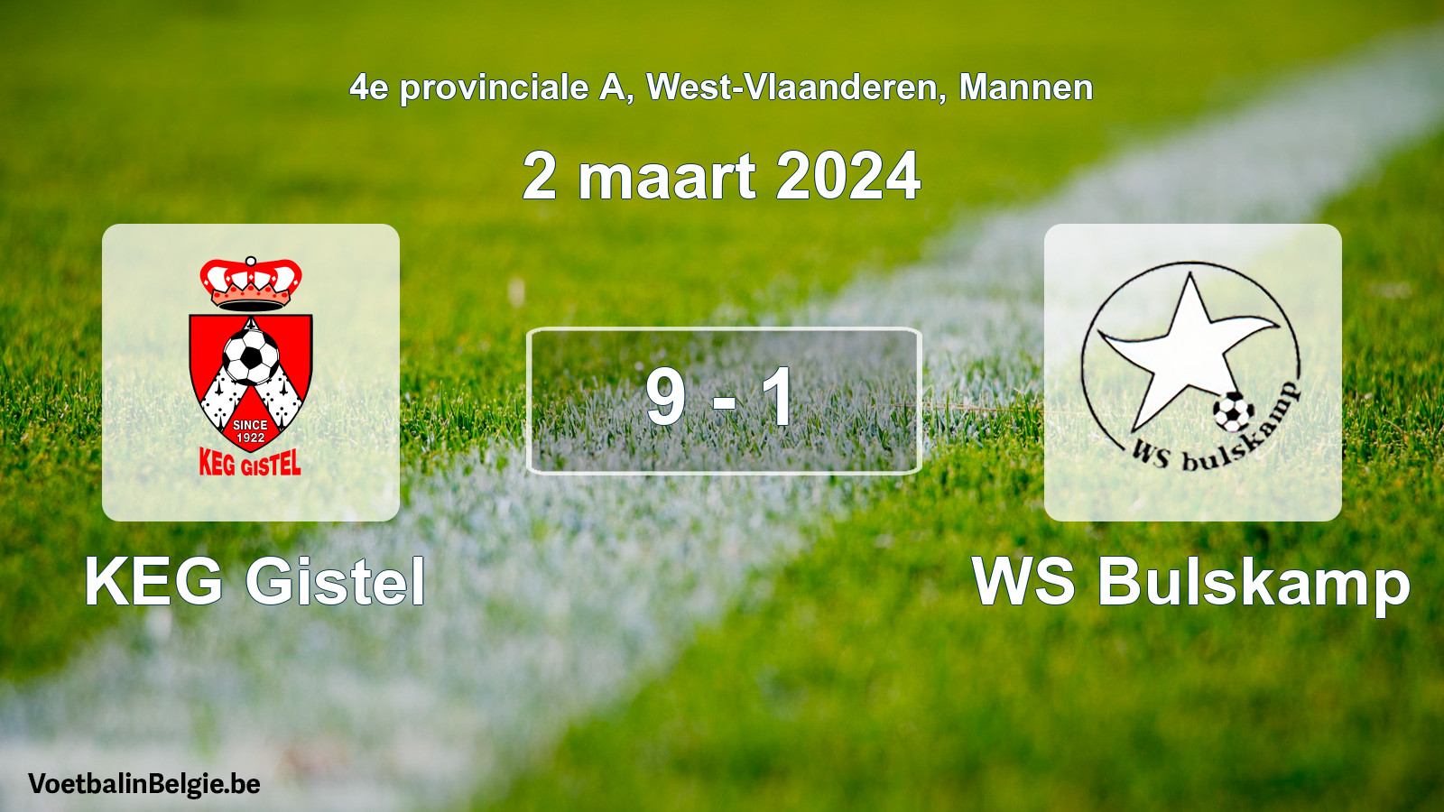 Gespeelde wedstrijd mannenvoetbal: KEG Gistel - WS Bulskamp 9 - 1 (2 maart 2024)