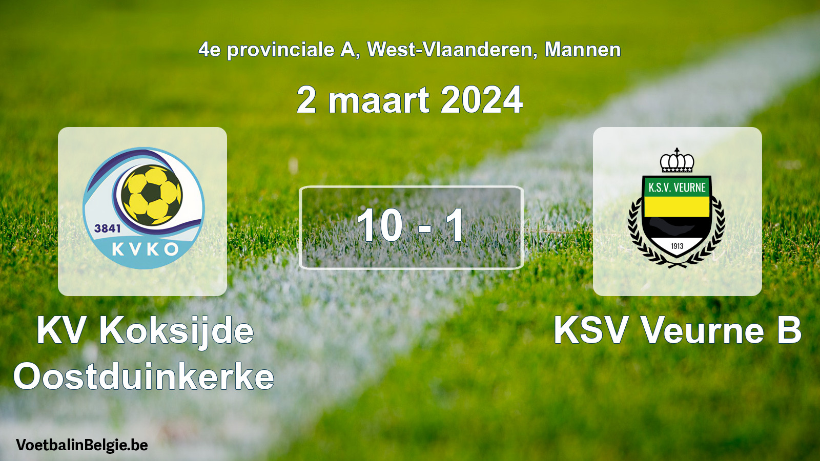 Gespeelde wedstrijd mannenvoetbal: KV Koksijde Oostduinkerke - KSV Veurne B 10 - 1 (2 maart 2024)