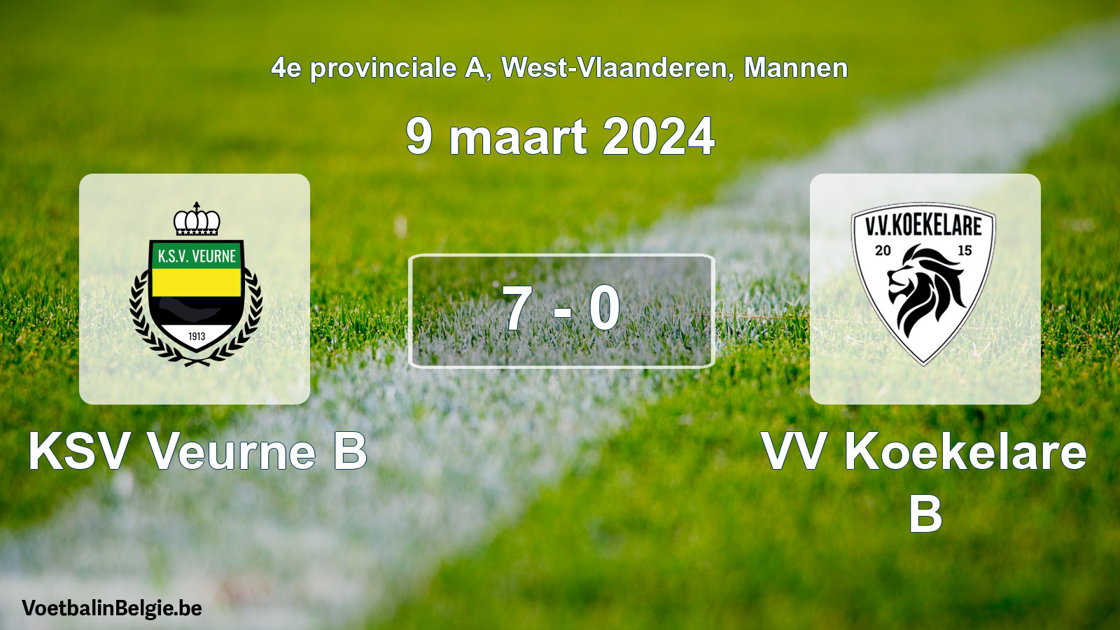 Gespeelde wedstrijd mannenvoetbal: KSV Veurne B - VV Koekelare B 7 - 0 (9 maart 2024)