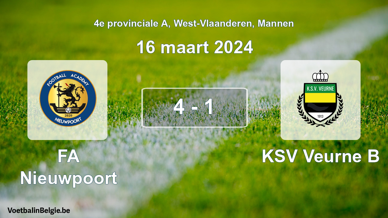 Gespeelde wedstrijd mannenvoetbal: FA Nieuwpoort - KSV Veurne B 4 - 1 (16 maart 2024)