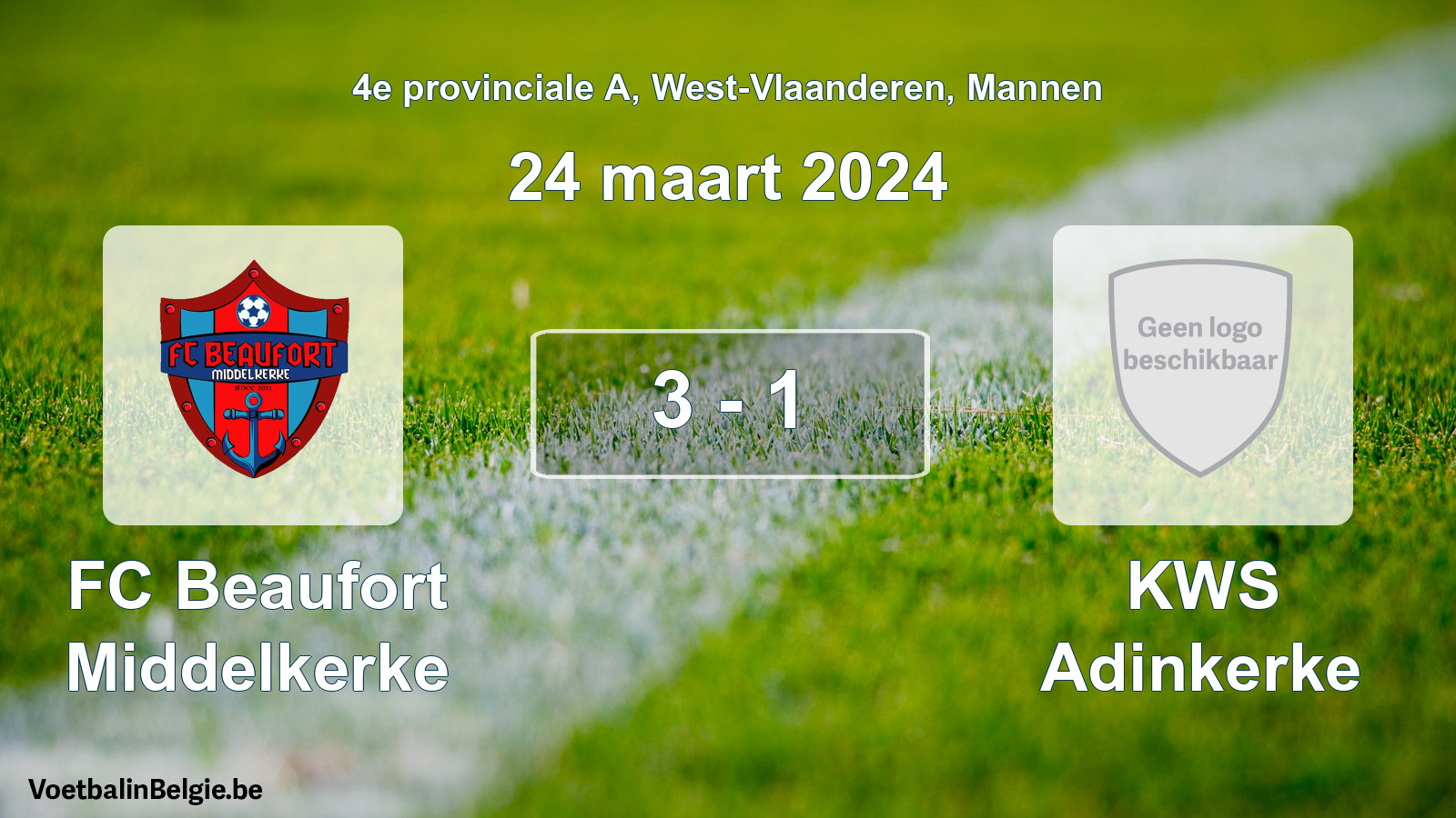 Gespeelde wedstrijd mannenvoetbal: FC Beaufort Middelkerke - KWS Adinkerke 3 - 1 (24 maart 2024)