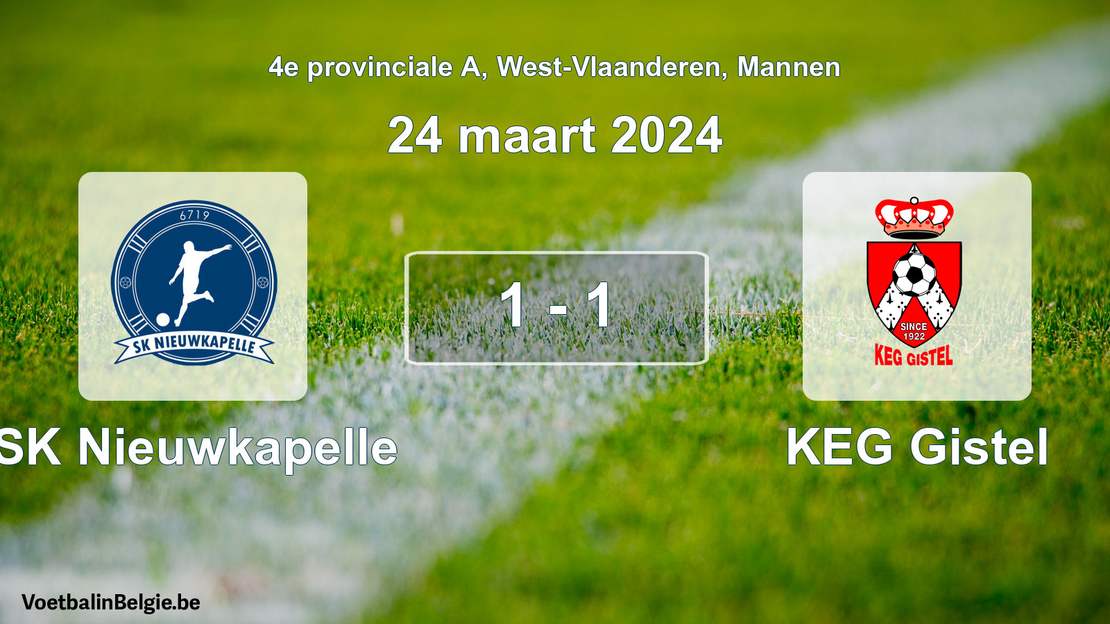 Gespeelde wedstrijd mannenvoetbal: SK Nieuwkapelle - KEG Gistel 1 - 1 (24 maart 2024)