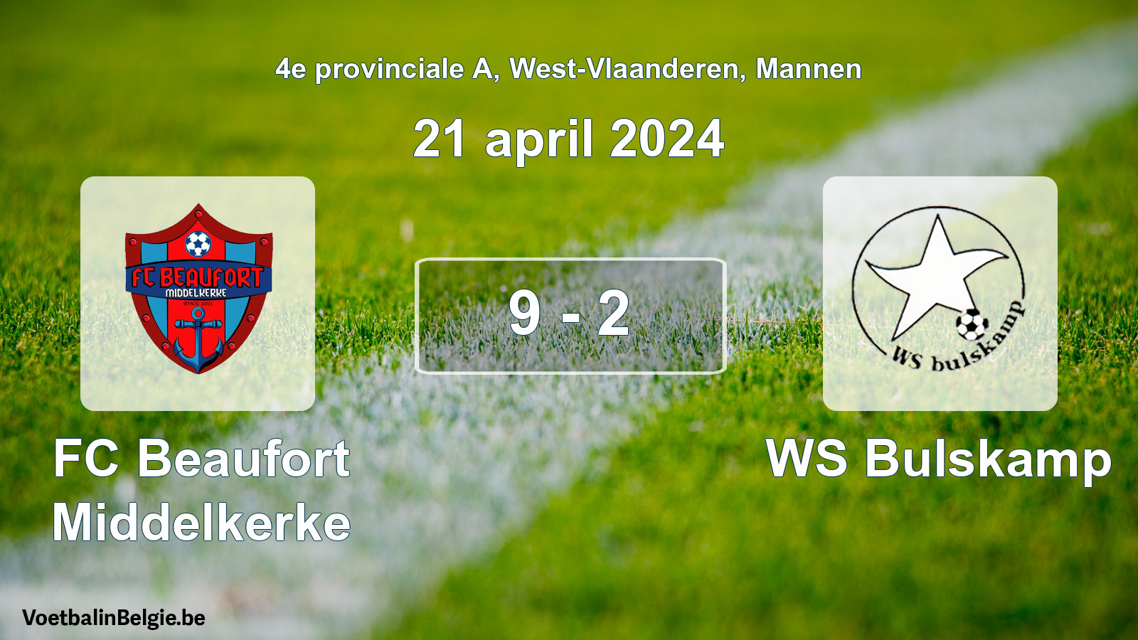 Gespeelde wedstrijd mannenvoetbal: FC Beaufort Middelkerke - WS Bulskamp 9 - 2 (21 april 2024)