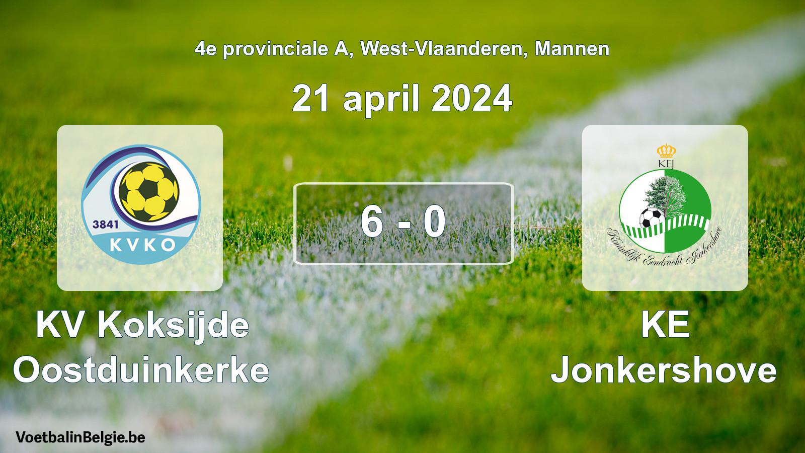 Gespeelde wedstrijd mannenvoetbal: KV Koksijde Oostduinkerke - KE Jonkershove 6 - 0 (21 april 2024)