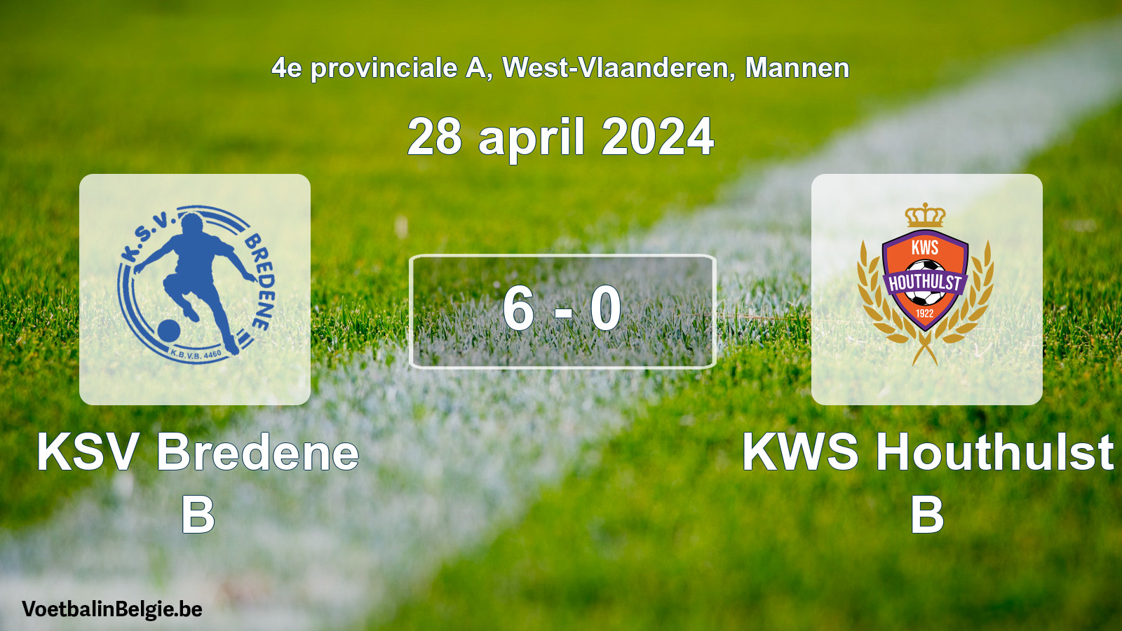 Gespeelde wedstrijd mannenvoetbal: KSV Bredene B - KWS Houthulst B 6 - 0 (28 april 2024)