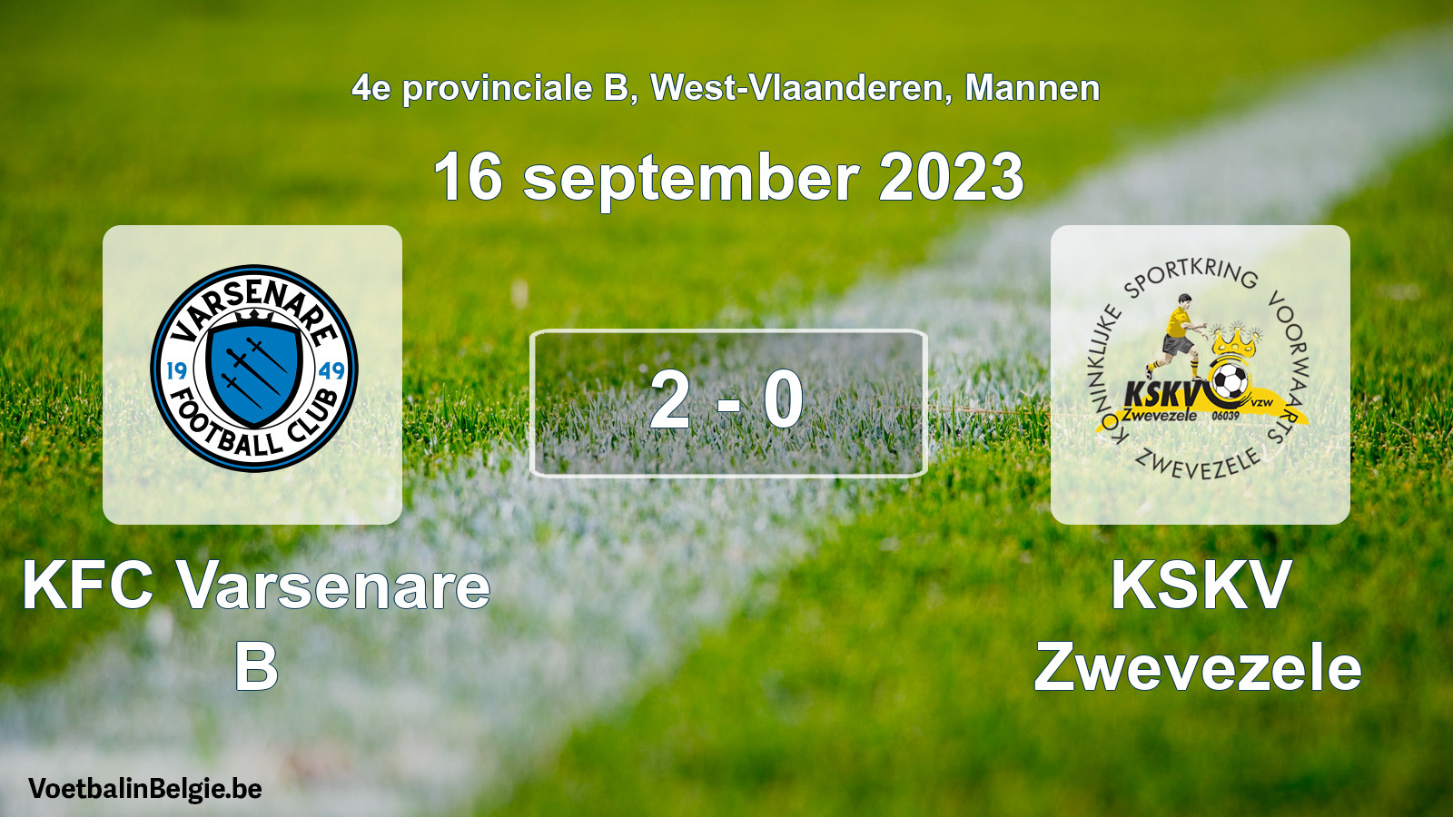 Gespeelde wedstrijd mannenvoetbal: KFC Varsenare B - KSKV Zwevezele 2 - 0 (16 september 2023)