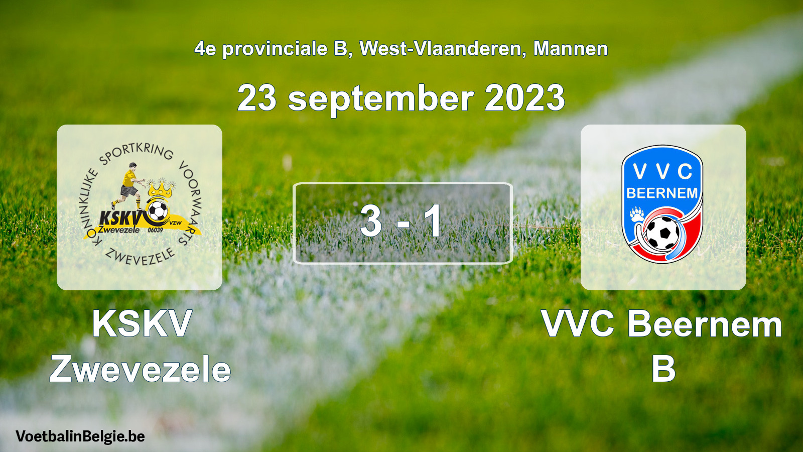 Gespeelde wedstrijd mannenvoetbal: KSKV Zwevezele - VVC Beernem B 3 - 1 (23 september 2023)