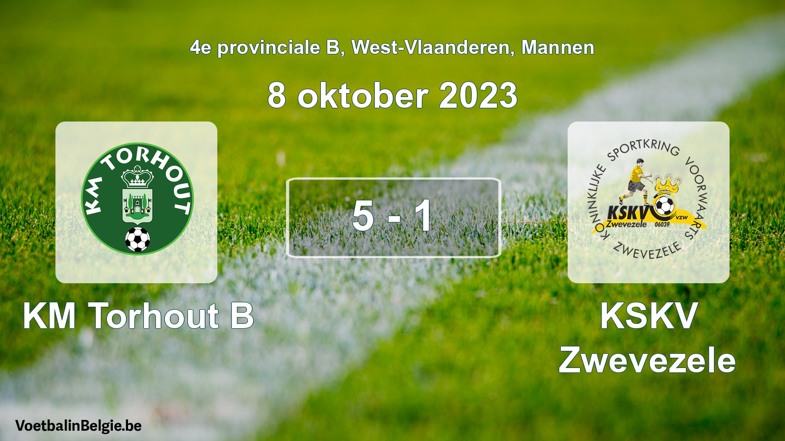 Gespeelde wedstrijd mannenvoetbal: KM Torhout B - KSKV Zwevezele 5 - 1 (8 oktober 2023)