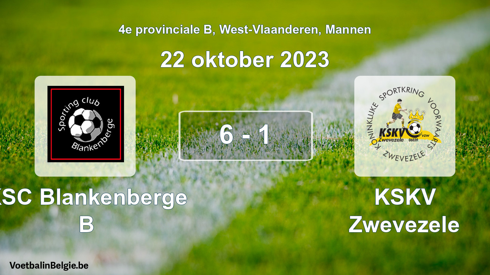 Gespeelde wedstrijd mannenvoetbal: KSC Blankenberge B - KSKV Zwevezele 6 - 1 (22 oktober 2023)