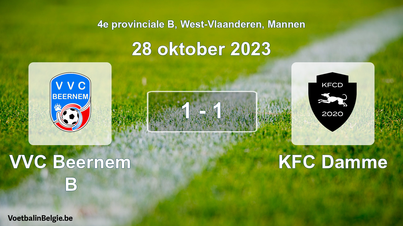 Gespeelde wedstrijd mannenvoetbal: VVC Beernem B - KFC Damme 1 - 1 (28 oktober 2023)