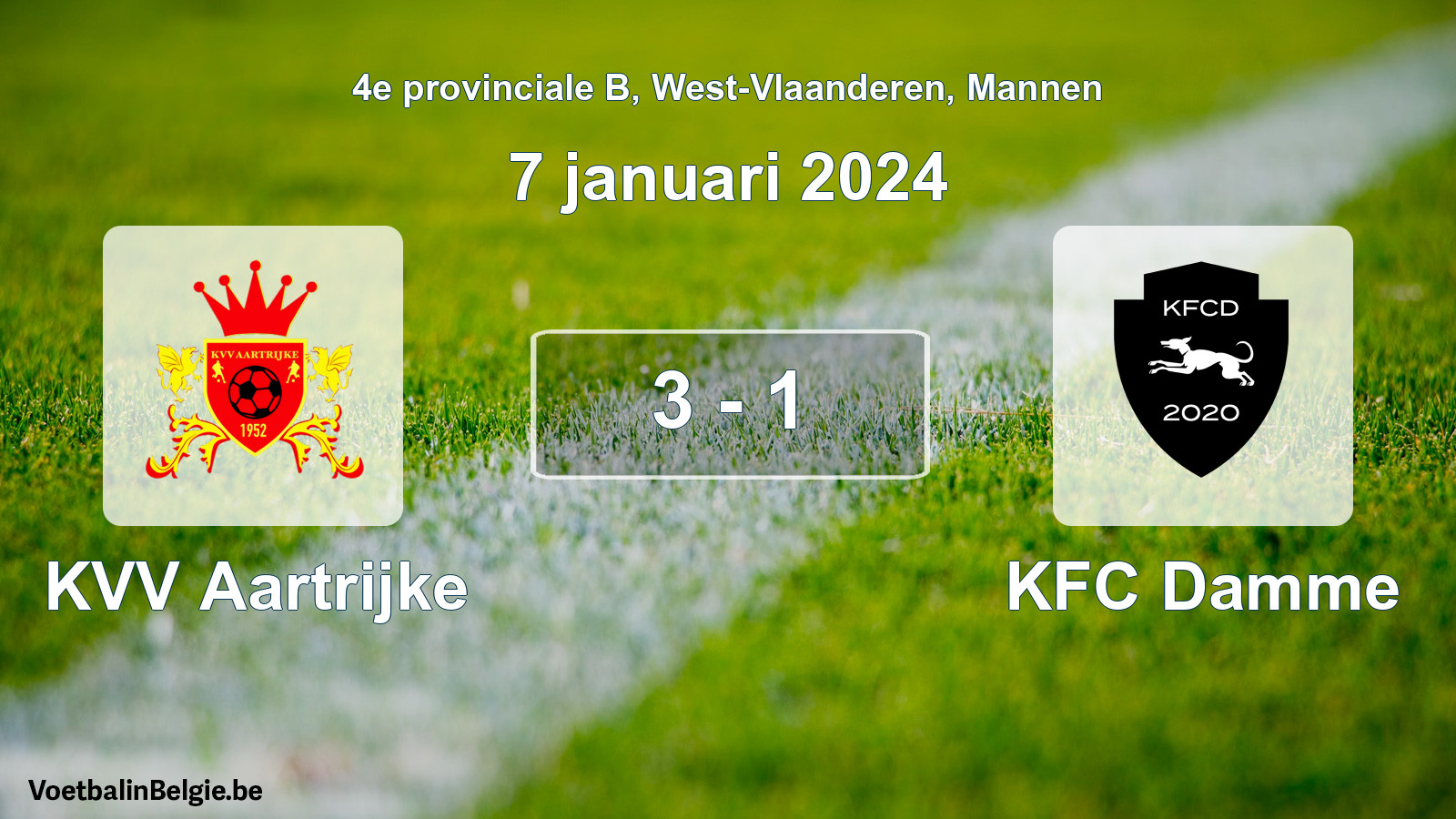 Gespeelde wedstrijd mannenvoetbal: KVV Aartrijke - KFC Damme 3 - 1 (7 januari 2024)