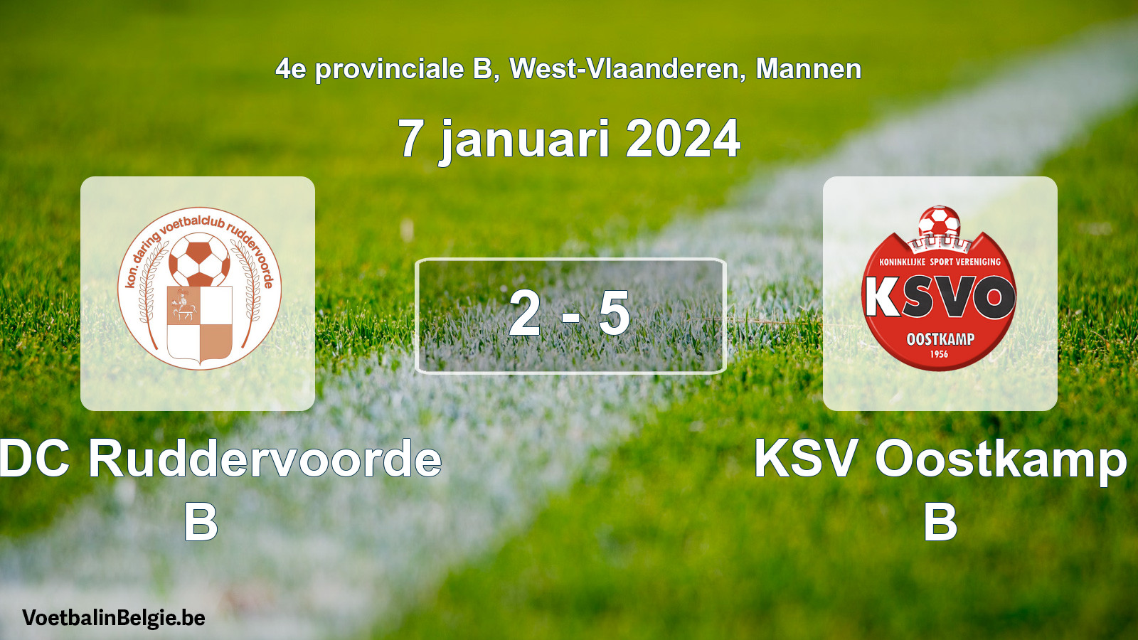 Gespeelde wedstrijd mannenvoetbal: KDC Ruddervoorde B - KSV Oostkamp B 2 - 5 (7 januari 2024)
