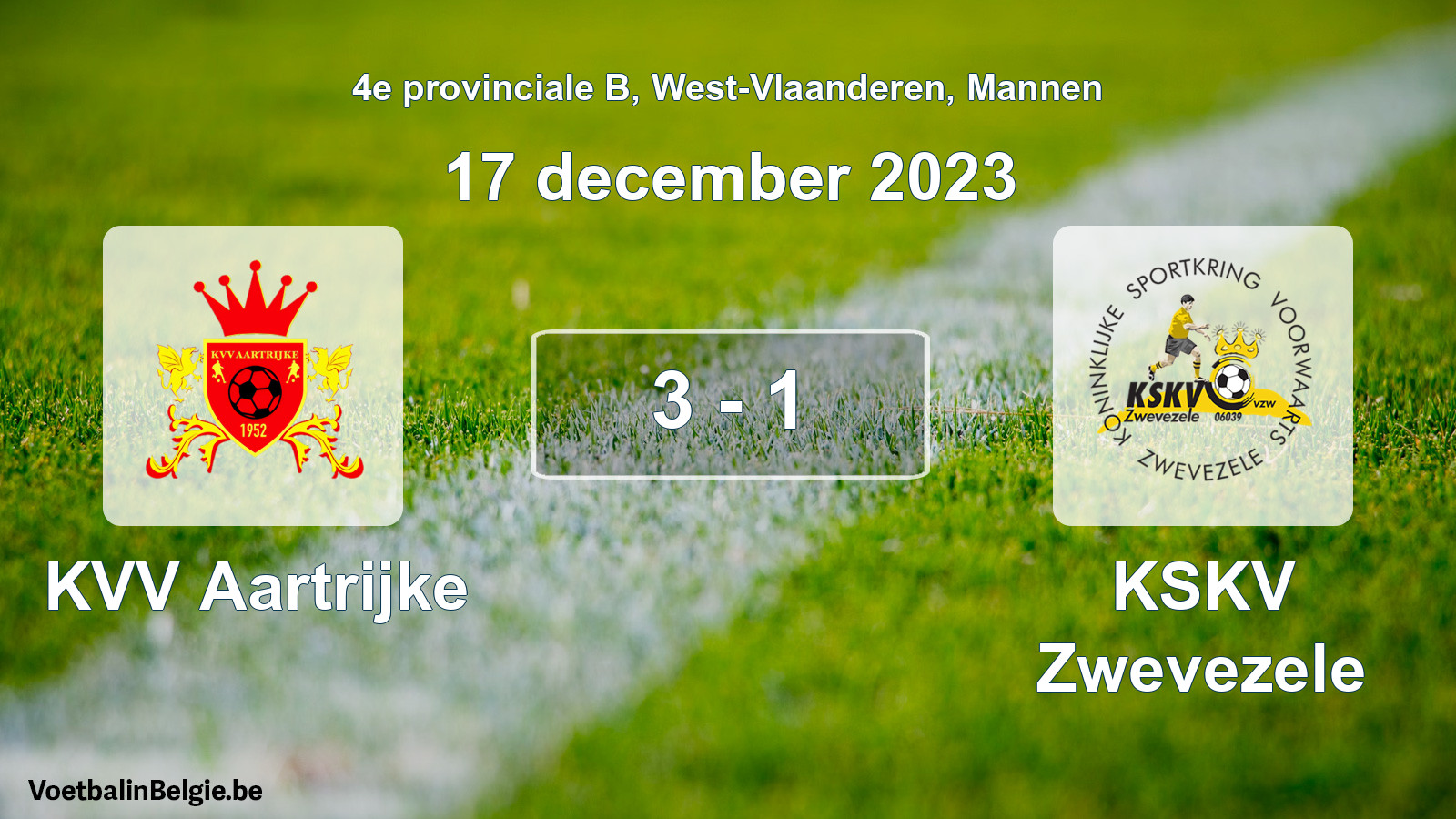 Gespeelde wedstrijd mannenvoetbal: KVV Aartrijke - KSKV Zwevezele 3 - 1 (17 december 2023)