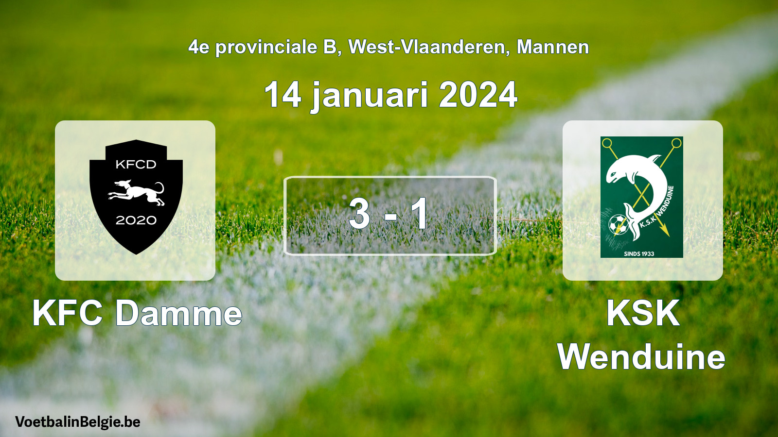 Gespeelde wedstrijd mannenvoetbal: KFC Damme - KSK Wenduine 3 - 1 (14 januari 2024)