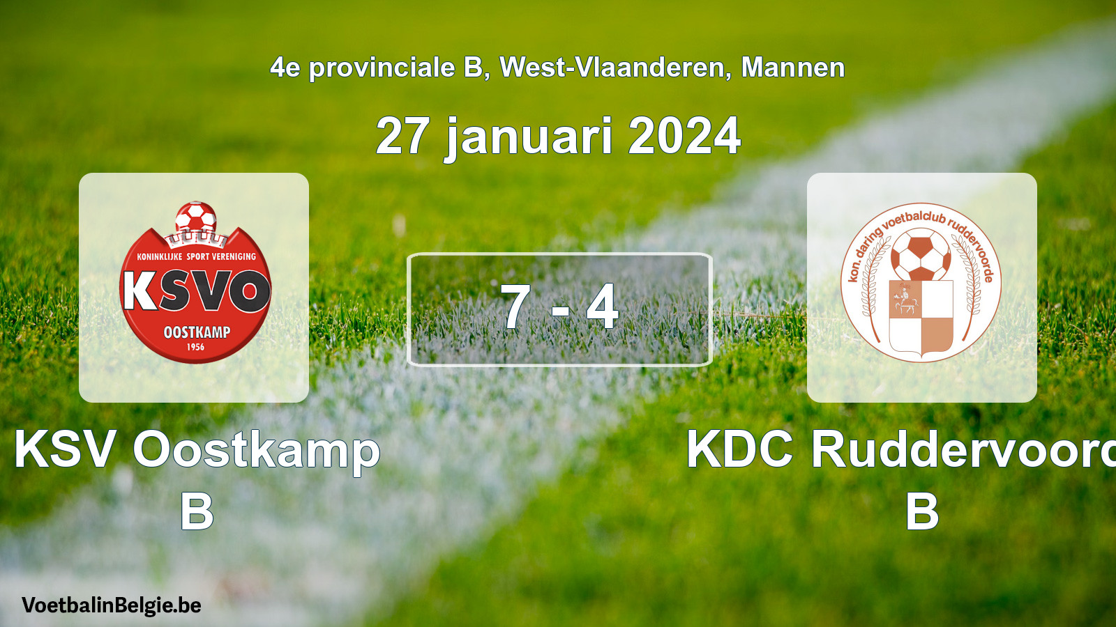 Gespeelde wedstrijd mannenvoetbal: KSV Oostkamp B - KDC Ruddervoorde B 7 - 4 (27 januari 2024)