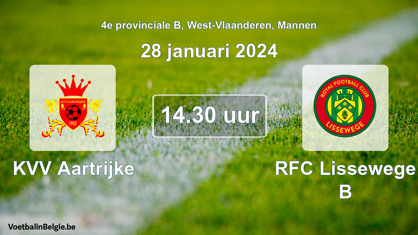 Match prévu football hommes: KVV Aartrijke - RFC Lissewege B (28 janvier 2024)