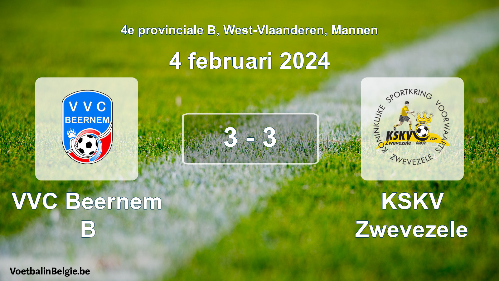 Gespeelde wedstrijd mannenvoetbal: VVC Beernem B - KSKV Zwevezele 3 - 3 (4 februari 2024)