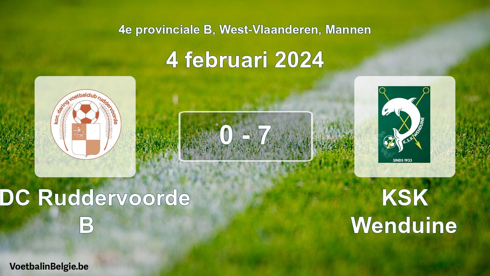Gespeelde wedstrijd mannenvoetbal: KDC Ruddervoorde B - KSK Wenduine 0 - 7 (4 februari 2024)