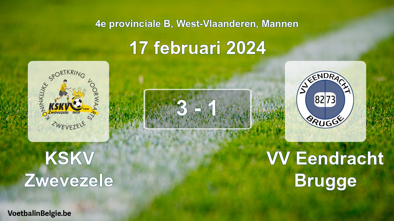 Gespeelde wedstrijd mannenvoetbal: KSKV Zwevezele - VV Eendracht Brugge 3 - 1 (17 februari 2024)