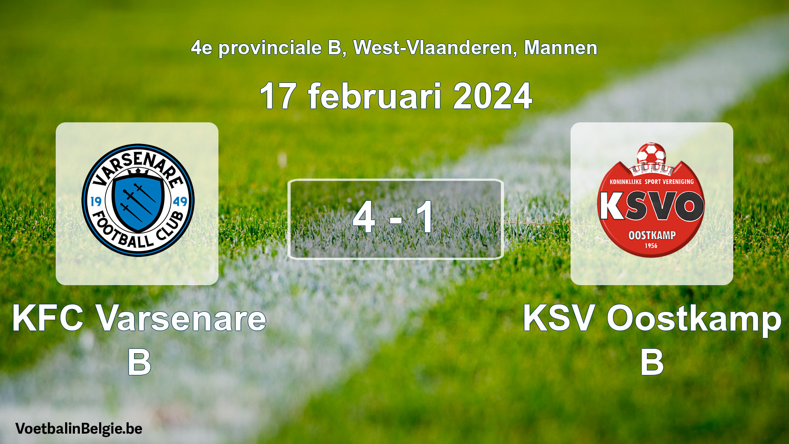 Gespeelde wedstrijd mannenvoetbal: KFC Varsenare B - KSV Oostkamp B 4 - 1 (17 februari 2024)
