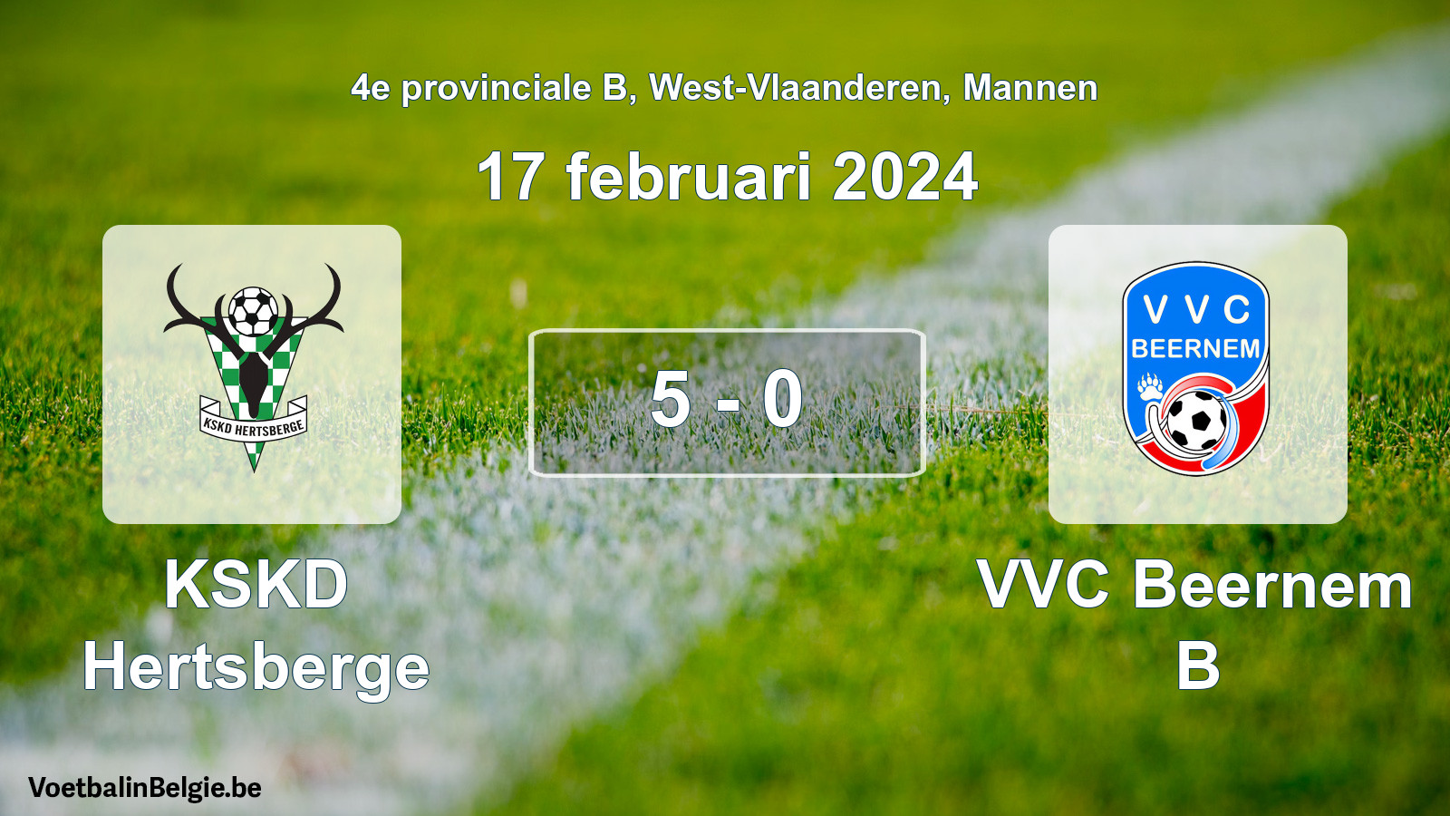 Gespeelde wedstrijd mannenvoetbal: KSKD Hertsberge - VVC Beernem B 5 - 0 (17 februari 2024)